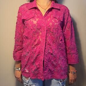 Pink floral sheer button up